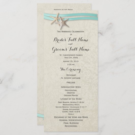 Starfish en Aqua Ribbon huwelijksprogramma Programmakaart (Voorkant / Achterkant)
