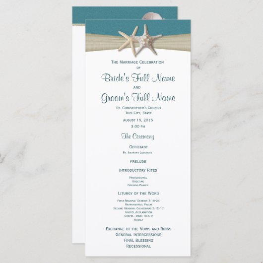 Starfish en Burlap Beach huwelijksprogramma Programmakaart (Voorkant / Achterkant)