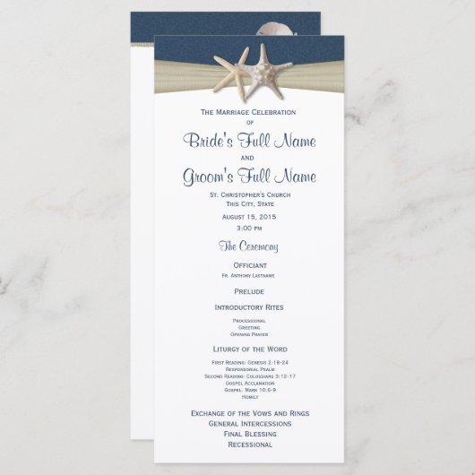 Starfish en Burlap Blue Beach huwelijksprogramma Programmakaart (Voorkant / Achterkant)