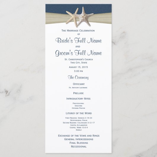 Starfish en Burlap Blue Beach huwelijksprogramma Programmakaart (Voorkant)
