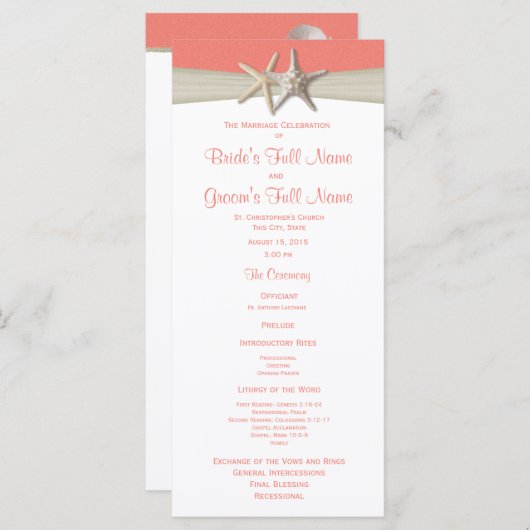 Starfish en Burlap Coral Beach huwelijksprogramma Programmakaart (Voorkant / Achterkant)