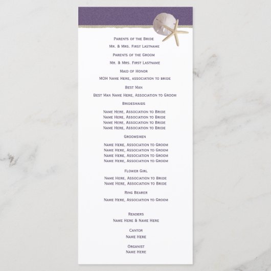 Starfish en Burlap Paarse strand huwelijksprogramm Programmakaart (Achterkant)