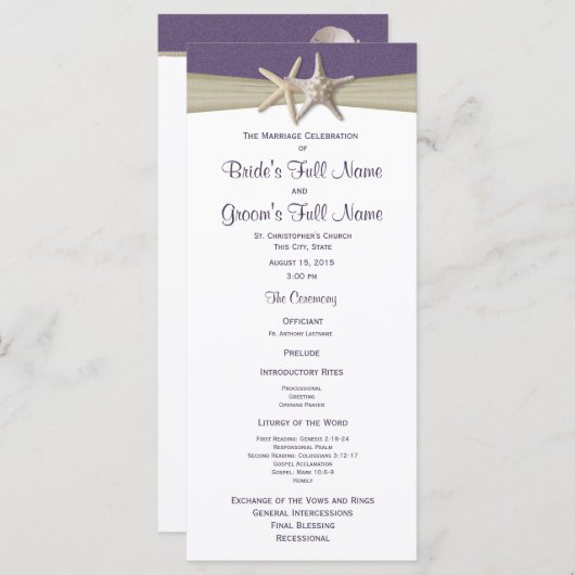 Starfish en Burlap Paarse strand huwelijksprogramm Programmakaart (Voorkant / Achterkant)