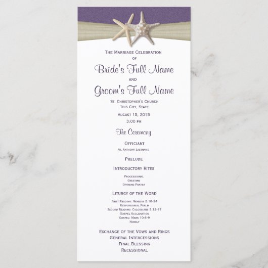 Starfish en Burlap Paarse strand huwelijksprogramm Programmakaart (Voorkant)