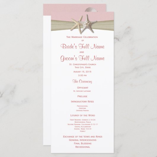 Starfish en Burlap Pink Beach huwelijksprogramma Programmakaart (Voorkant / Achterkant)