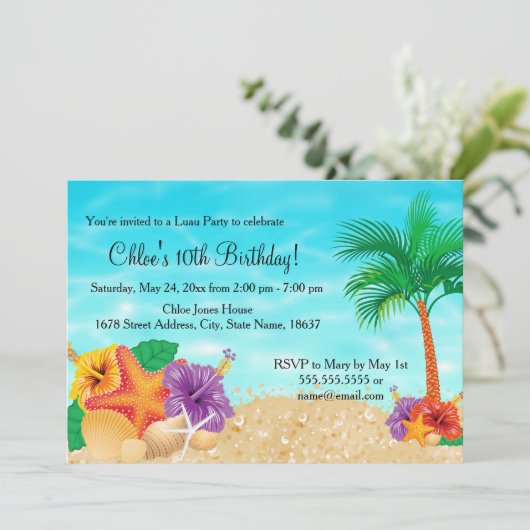 Starfish Flower Luau Birthday Party Invite Kaart (Staand voorkant)