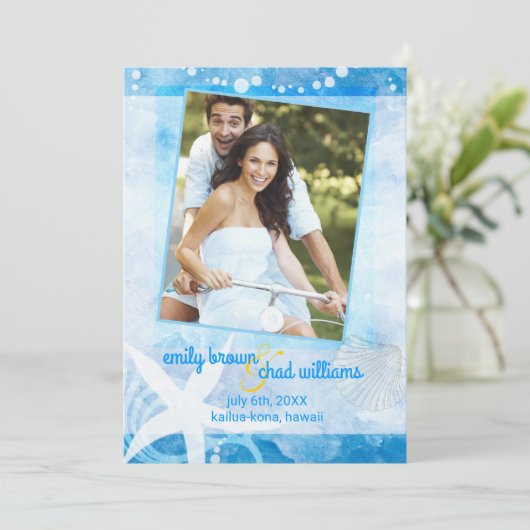 Starfish Garden Blue Beach Wedding Save the Date (Staand voorkant)