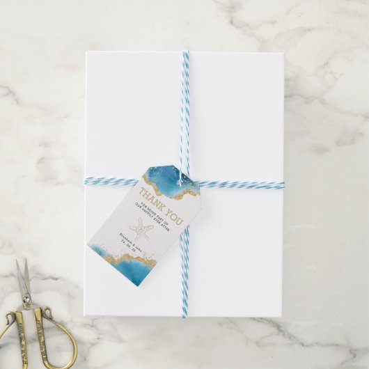 Starfish Gold & Blue Ocean thema bruiloft dank u Cadeaulabel (Met Touw)