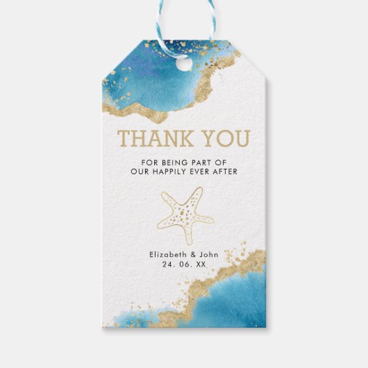 Starfish Gold & Blue Ocean thema bruiloft dank u Cadeaulabel (Voorkant)