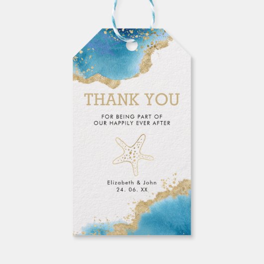Starfish Gold & Blue Ocean thema bruiloft dank u Cadeaulabel (Achterkant)