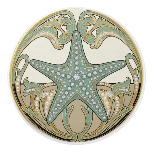 Starfish Green Cream & Gold Art Deco Nouveau Keramische Knop (Voorkant)