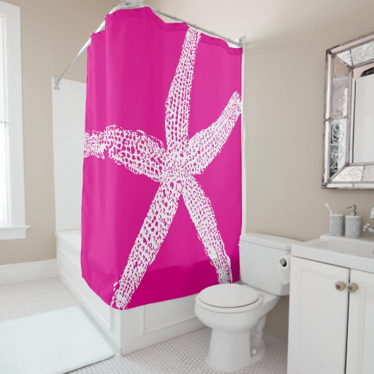 Starfish Hot Pink White Custom Kleur Strandhuis Douchegordijn (In situ)