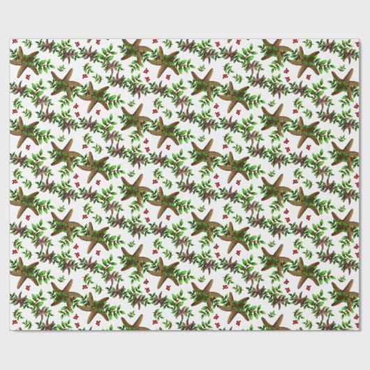 Starfish in Holly Tropical kerstpattern White Cadeaupapier (Vlak)