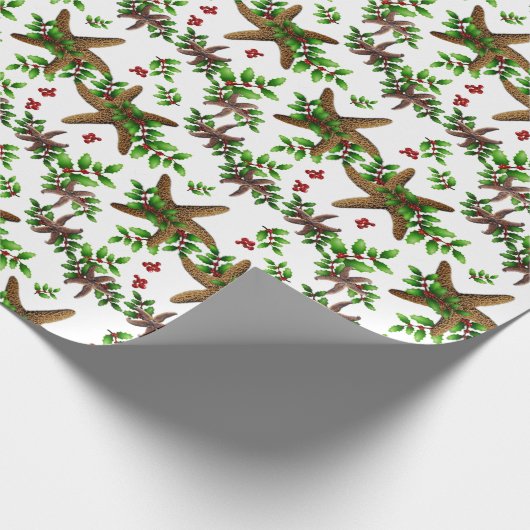 Starfish in Holly Tropical kerstpattern White Cadeaupapier (Hoek)