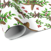 Starfish in Holly Tropical kerstpattern White Cadeaupapier (Rol Hoek)