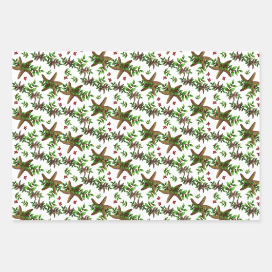 Starfish in Holly Tropical kerstpattern White Inpakpapier Vel (Voorkant)