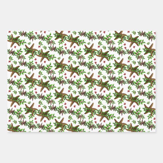 Starfish in Holly Tropical kerstpattern White Inpakpapier Vel (Voorkant)