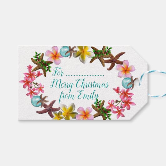 Starfish in Plumeria Flowers kerstgrens Cadeaulabel (Voorkant (Horizontaal))
