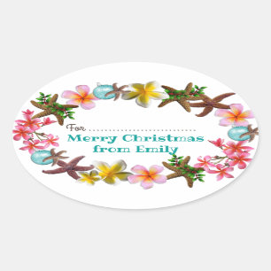 Starfish in Plumeria Flowers kerstgrens Ovale Sticker