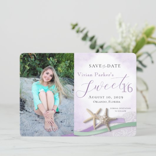 Starfish Lace Sweet 16 Save the Date with Photo (Staand voorkant)