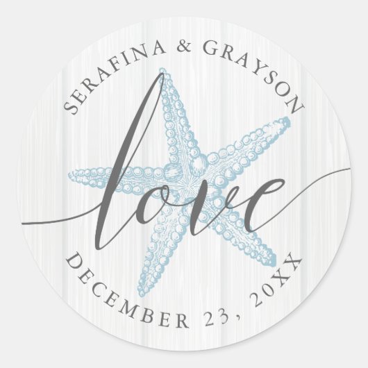 Starfish Love Rustige Wood Blue Beach Wedding Favo Ronde Sticker (Voorkant)