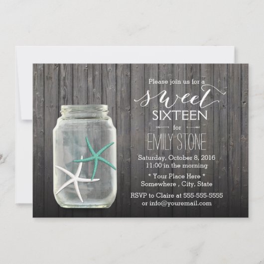 Starfish & Mason Jar Wood Background Sweet 16 Kaart (Voorkant)