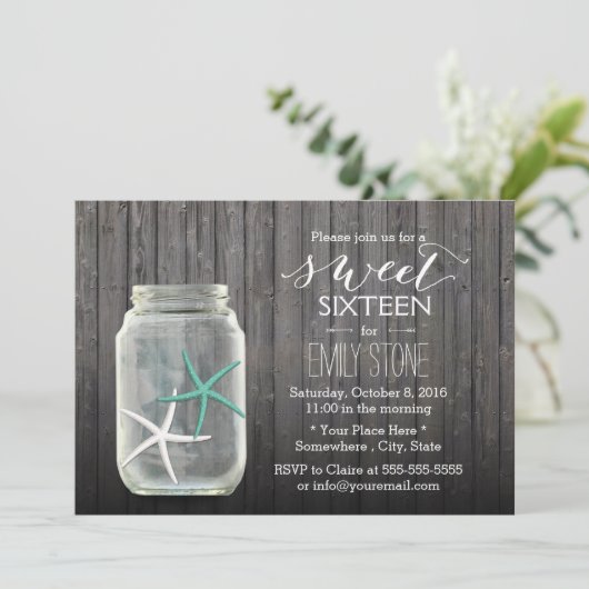 Starfish & Mason Jar Wood Background Sweet 16 Kaart (Staand voorkant)