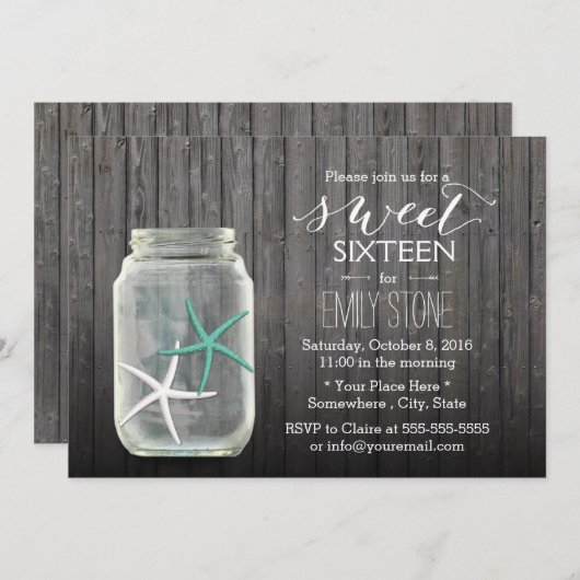 Starfish & Mason Jar Wood Background Sweet 16 Kaart (Voorkant / Achterkant)