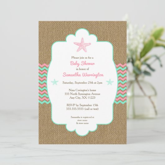 Starfish meisje baby shower nodigt roze munt burla kaart (Staand voorkant)