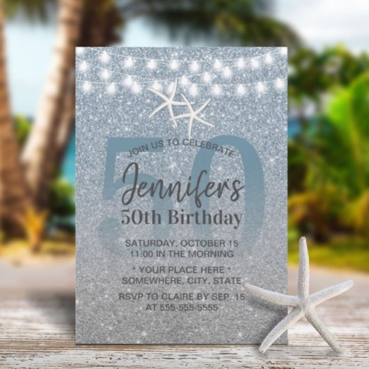 Starfish Modern Dusty Blue Glitter 50th Birthday Kaart
