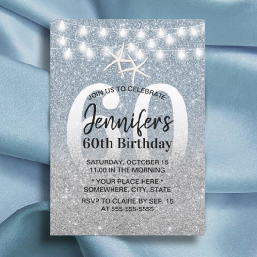 Starfish Modern Dusty Blue Glitter 60th Birthday Kaart