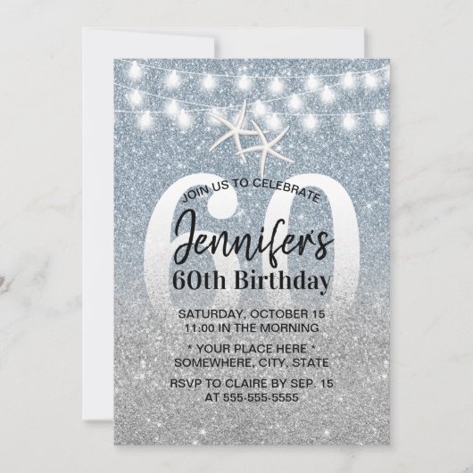 Starfish Modern Dusty Blue Glitter 60th Birthday Kaart (Voorkant)