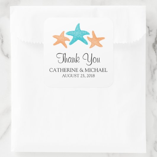 Starfish Monogram bruiloft Vierkante Sticker (Tas)