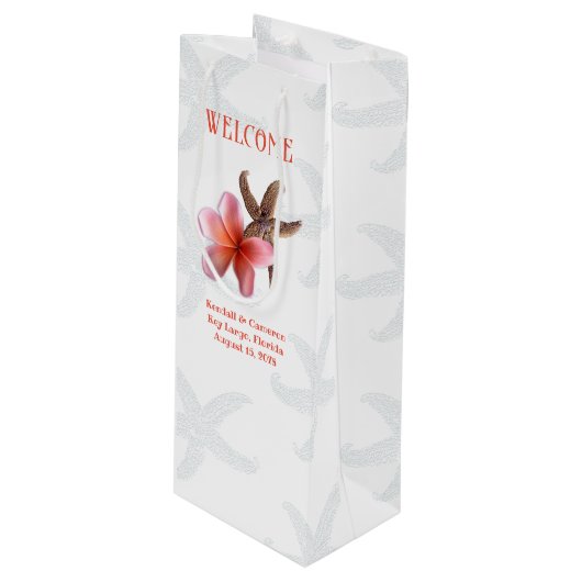 Starfish n Plumeria Destination Wedding Welcome Wijn Cadeautas (Voorkant Gekanteld)