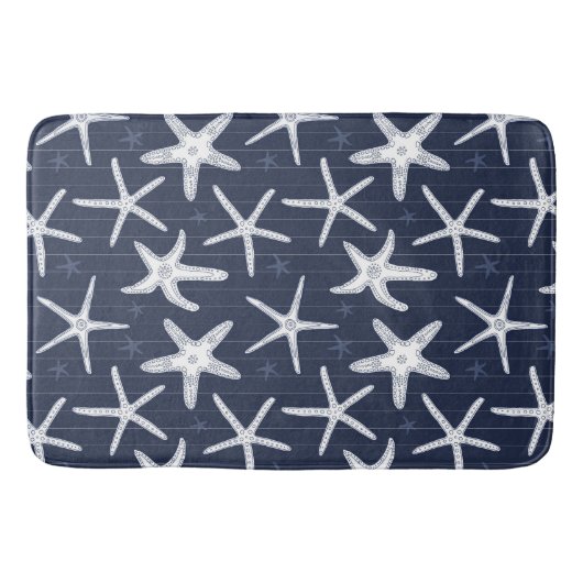 Starfish Navy Blue en White Striped Coastal Badmat (Voorkant)