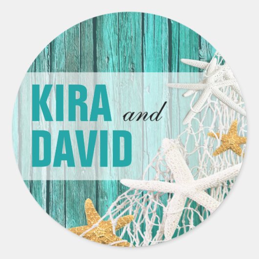 Starfish Netting Beach Hout Favor | Aqua Ronde Sticker (Voorkant)