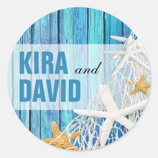 Starfish Netting Beach Hout Favor | blauw Ronde Sticker (Voorkant)