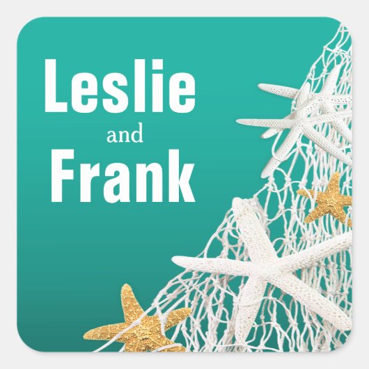Starfish Netting Beach Trouwgunst | Aqua Vierkante Sticker (Voorkant)