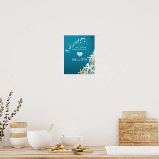 Starfish Netting Beach Wedding Welcome Sign azure Poster (Keuken)
