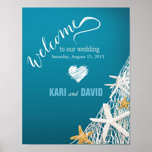 Starfish Netting Beach Wedding Welcome Sign azure Poster (Voorkant)