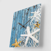 Starfish Netting Beach Wood Coastal Living | blauw Vierkante Klok (Hoek)