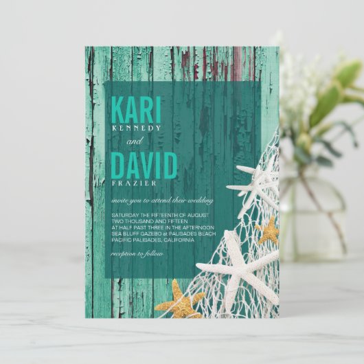 Starfish Netting Beach Wood Wedding | aqua Kaart (Staand voorkant)
