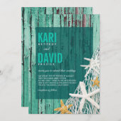 Starfish Netting Beach Wood Wedding | aqua Kaart (Voorkant / Achterkant)