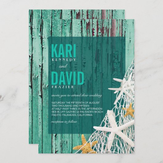 Starfish Netting Beach Wood Wedding | aqua Kaart (Voorkant / Achterkant)