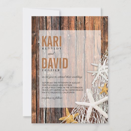 Starfish Netting Beach Wood Wedding | bruin Kaart (Voorkant)
