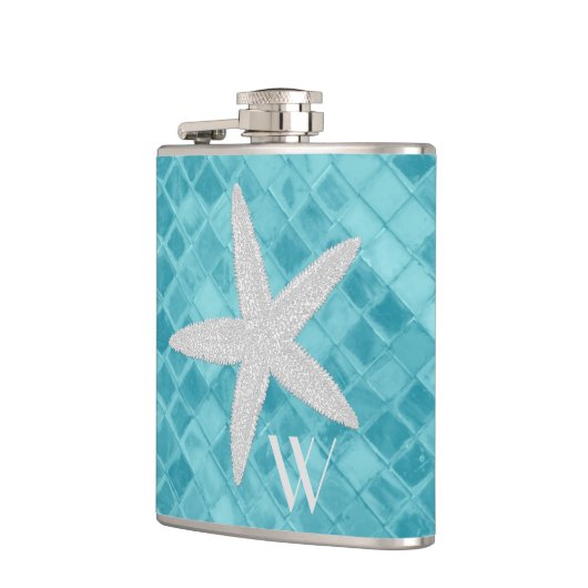 Starfish on Aqua Zee Glass Monogram Heupfles (Links)
