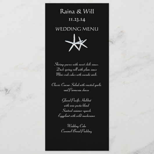 Starfish on Black, Tall Wedding Menu Kaart (Voorkant)