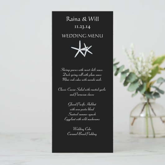 Starfish on Black, Tall Wedding Menu Kaart (Staand voorkant)