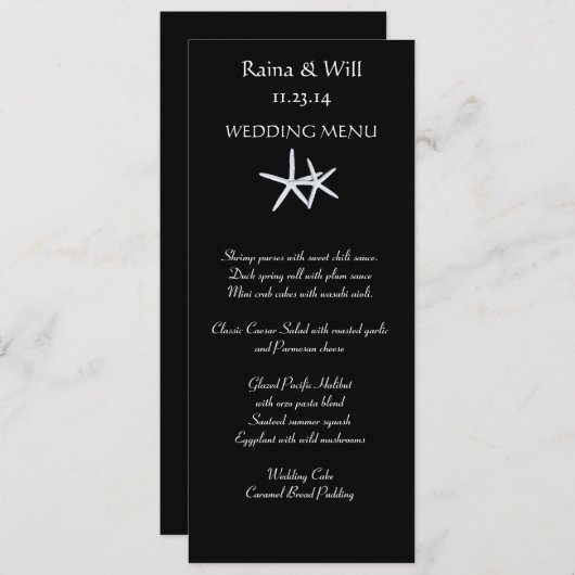 Starfish on Black, Tall Wedding Menu Kaart (Voorkant / Achterkant)
