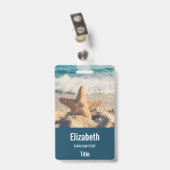 Starfish op een foto van Sandy Beach Badge (Achterkant met clip)